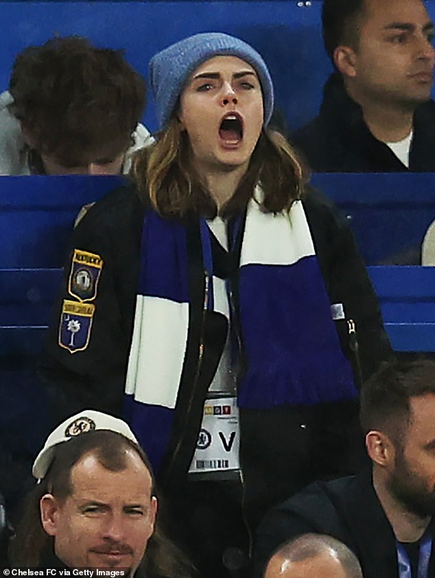 Cara Delevingne, 31, put on a spirited display as she watched Chelsea FC beat Manchester United 4-3 at Stamford Bridge on Thursday night.