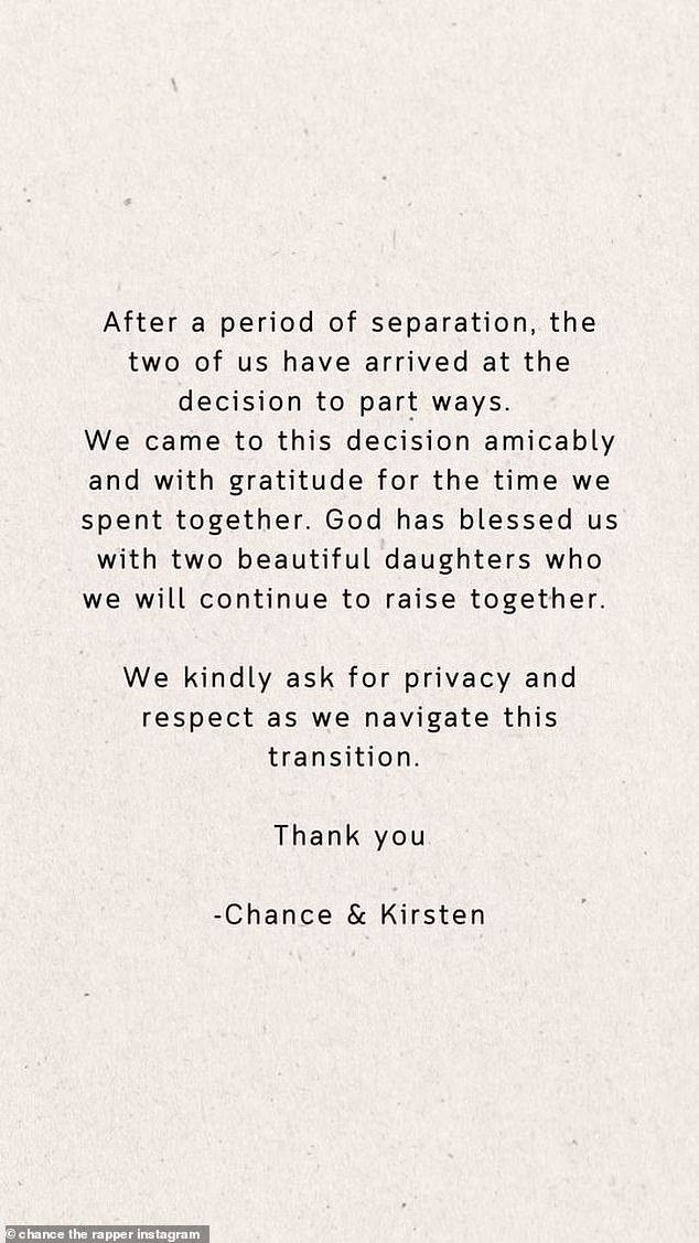 Chance the Rapper released a statement on his Instagram Stories announcing his divorce from Kirsten Corley.