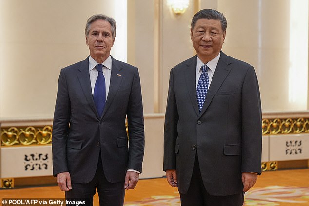 US Secretary of State Antony Blinken (L) meets with Chinese President Xi Jinping at the Great Hall of the People in Beijing on April 26, 2024.