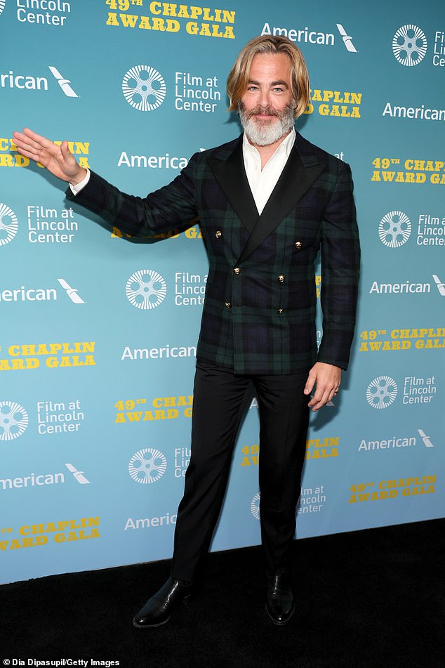 Chris Pine showed off his eccentric style with a touch of tartan while attending the 49th Chaplin Award Gala honoring Jeff Bridges, held inside the Cinema at Lincoln Center's Alice Tully Hall in Manhattan on Monday.