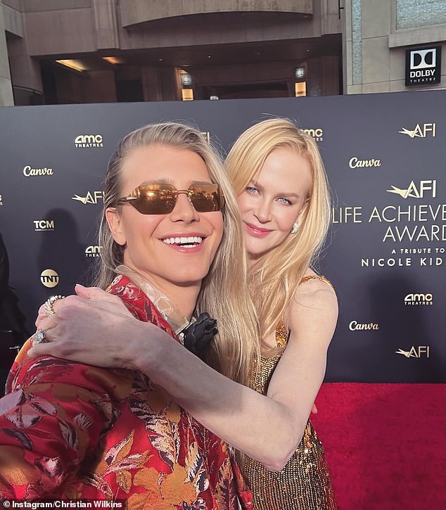Christian Wilkins shared a special moment with Australian actress Nicole Kidman in Los Angeles on Sunday.  The 'nepo baby', 29, posted a red carpet selfie with the actress before she was honored with the American Film Institute's Lifetime Achievement Award