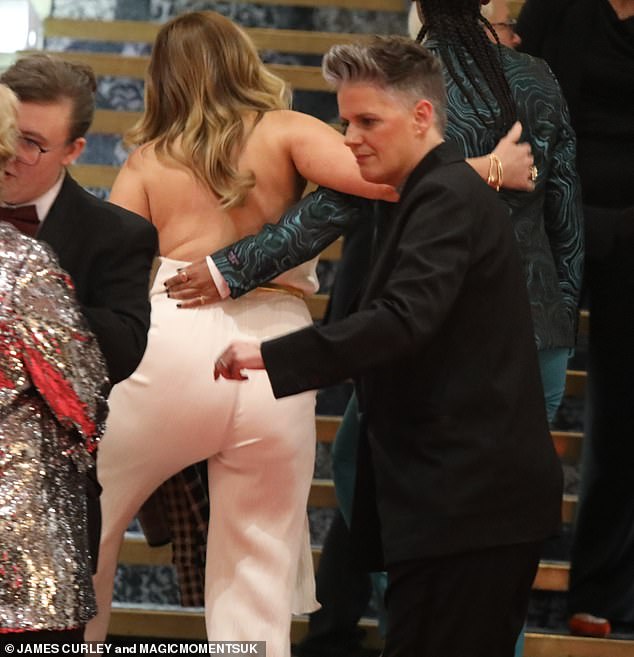 Claire Sweeney, 53, needed help walking up the stairs on Friday night while enjoying a night out at the Diva Awards in London.