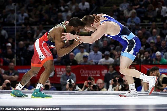 Jason Nolf (R) wrestles Jordan Burroughs (L) in a 74kg Challenger tournament final during the US Olympic Wrestling Trials held at the Bryce Jordan Center on Friday.