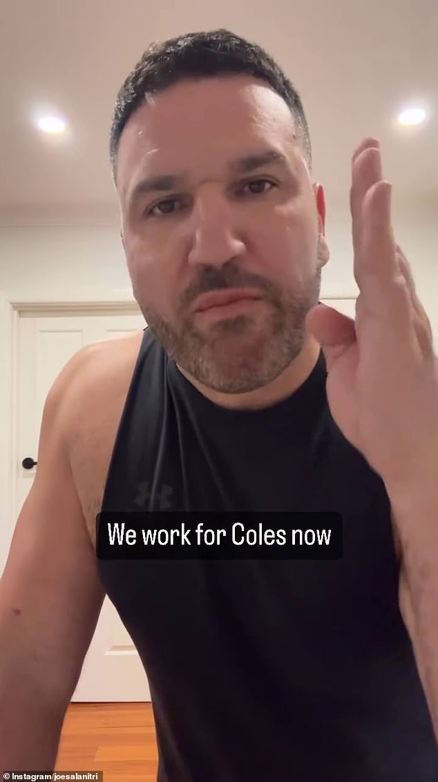 Melbourne comedian Joe Salanitri (pictured) last week shared a clip titled 'employee of the month' in which he argued Coles should pay him to scan a trolley full of shopping and pack his own bags.