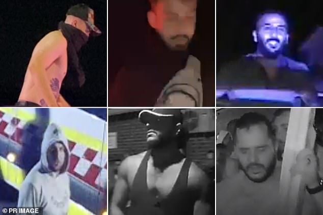 Twelve men captured on video outside a church in Sydney's west are among 50 people police are searching for after a riot that injured dozens of officers.