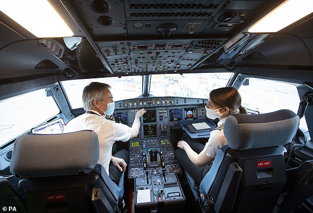 EasyJet pilots appear in the cockpit of a flight from Gatwick to Glasgow in June 2020.