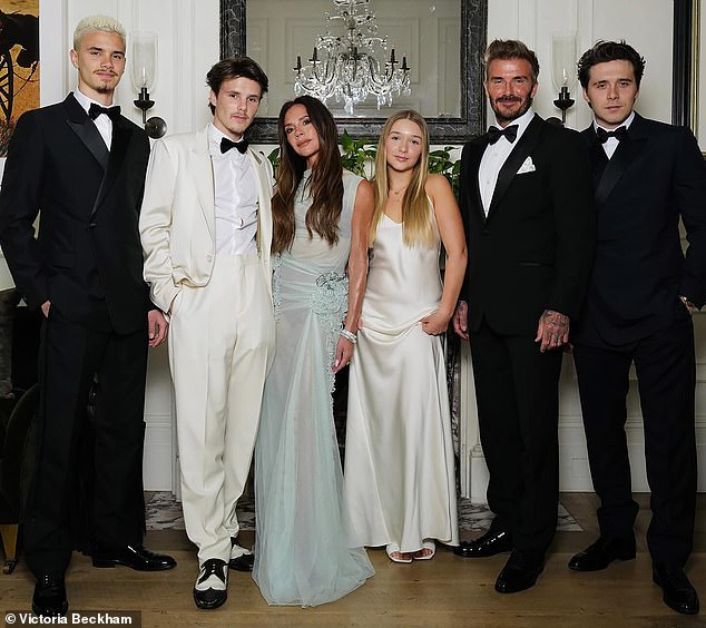 The Beckham clan gathers for a pre-party photo. Left-right: Romeo, Cruz, Victoria, Harper, David and Brooklyn