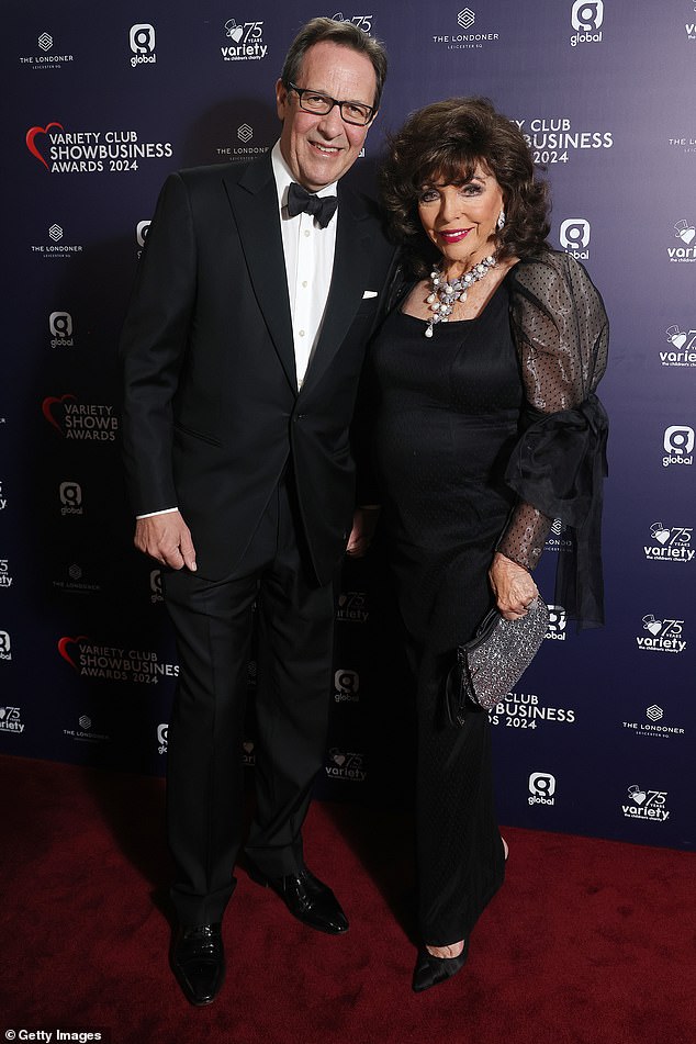 Dame Joan Collins cut a glamorous figure as she attended the Variety Club Showbusiness Awards with her husband Percy Gibson at the Londoner Hotel in the UK capital on Sunday.