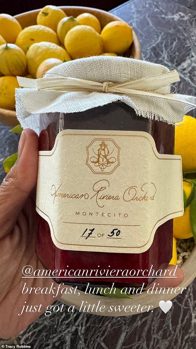 Fashion designer Tracy Robbins posted a photo of Meghan's jam, which had the American Riviera Orchard logo and 'Montecito' underneath.