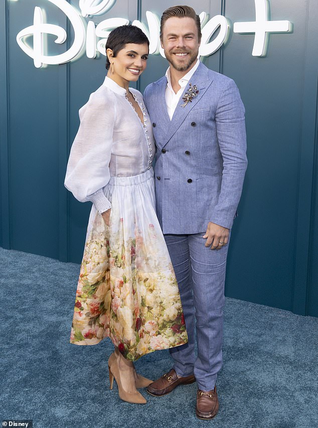Derek Hough and Hayley Erbert attended the star-studded launch of Hulu on Disney+ in Los Angeles on Friday, just hours after announcing that Erbert has 
