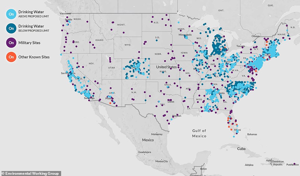 The Environmental Working Group, an advocacy organization focused on environmental contaminants, mapped communities and military sites confirmed to have PFAS contamination.