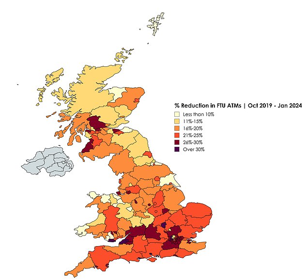 This map shows the reduction of ATMs from October 2019 to January 2024