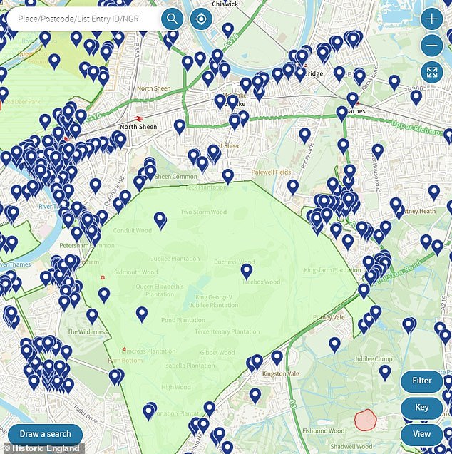 Historic England's interactive map demarcates the many listed buildings in England, Scotland and Wales with small blue pins, as well as parks and gardens, listed monuments and World Heritage sites.  Illustrated and listed buildings in London