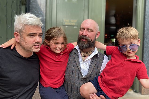 Me Windle admits that his young children Sylvie, 9, and Otis, 6, pictured with friend James Harvey, still don't really understand his myeloma diagnosis.