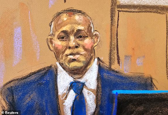 Gary Farro testifies during the criminal trial of former US President Donald Trump accused of falsifying business records to hide money paid to silence porn star Stormy Daniels in 2016, at Manhattan State Court in New York City, USA, on April 26, 2024, in this courtroom sketch.  .  REUTERS/Jane Rosenberg