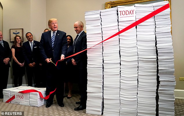 Trump cuts red tape while speaking about deregulation at the White House in December 2017. Experts and those close to him say that in another presidency, deregulation will continue.