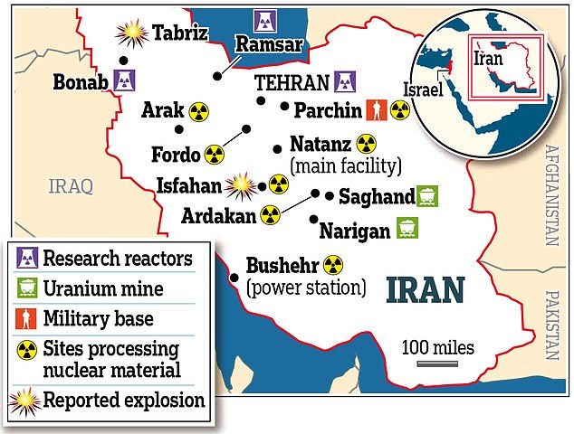 A map showing recent explosions reported in Iran