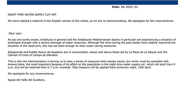 A letter sent to the residents of Sotogrande explaining the water cut