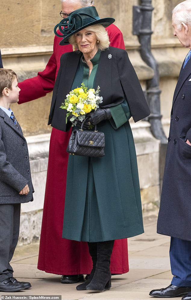 Queen Camilla attends the Easter Mattins service at Windsor Castle.  The Queen has recently cut back on her stationery in a bid to keep down the rising costs of the royal purse.