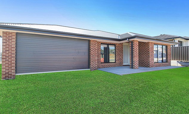 An advert for a $670-a-week new-build rental in Leneva, northern Victoria, shows a Photoshopped lush green lawn outside the house.