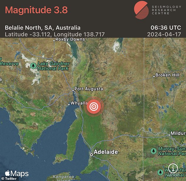 The magnitude 4.2 quake struck Jamestown, in the state's mid-north, about 200 kilometers north of Adelaide, shortly after 4pm on Wednesday (pictured).