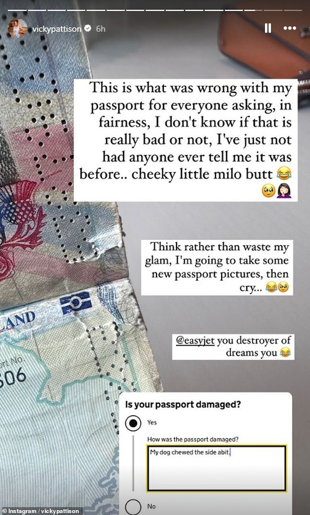 The TV personality posted a photo of the top of her passport which had been chewed by her dog, while branding easyJet a 
