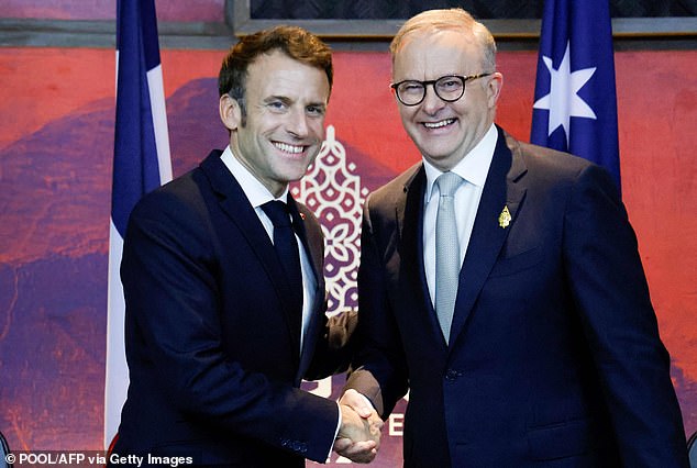 Emmanuel Macron has declared the 'Bollard Man' a French hero after he confronted crazed killer Joel Cauchi during his Westfield Bondi Junction massacre (the French president is pictured with Australian Prime Minister Anthony Albanese)