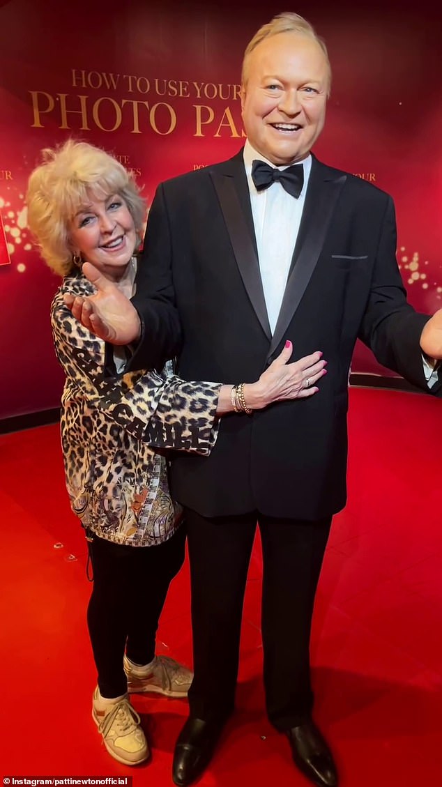 Patti Newton, 79 (left), posed next to a wax figure of her late husband Bert Newton in an Instagram photo on Tuesday while visiting Madam Tussauds in Sydney, two years after his death.