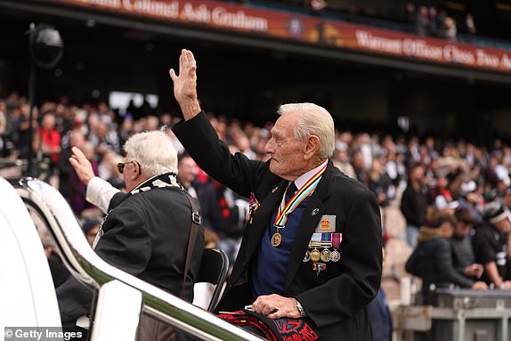 MELBOURNE, AUSTRALIA - APRIL 25: An ANZAC Day parade for veterans takes place before the round seven AFL match between Essendon Bombers and Collingwood Magpies at Melbourne Cricket Ground, on April 25, 2024, in Melbourne, Australia. (Photo by Robert Cianflone/Getty Images)