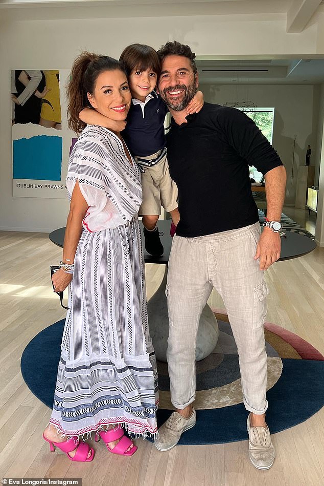 Eva Longoria, 49, pictured with her husband José Bastón, 56, and their son Santiago, five, is 