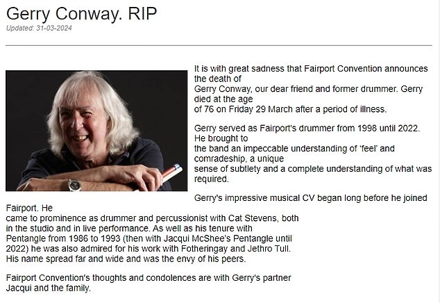 The band confirmed Conway's death in a statement shared on their official website.