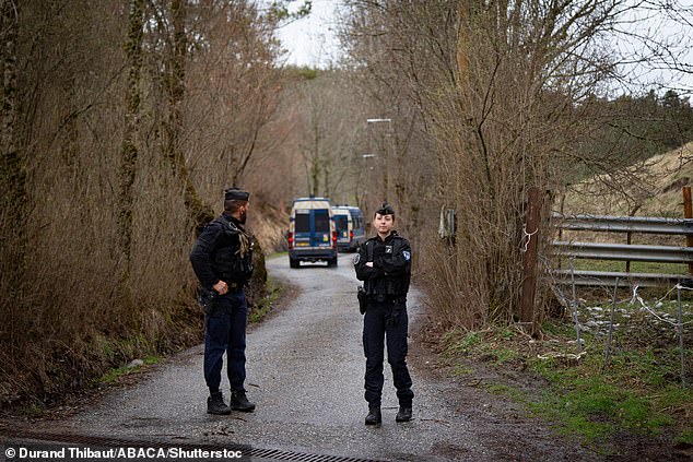 The road towards Haut-Vernet is blocked by a gendarmerie checkpoint in the village of Le Vernet, France, pictured on Sunday.