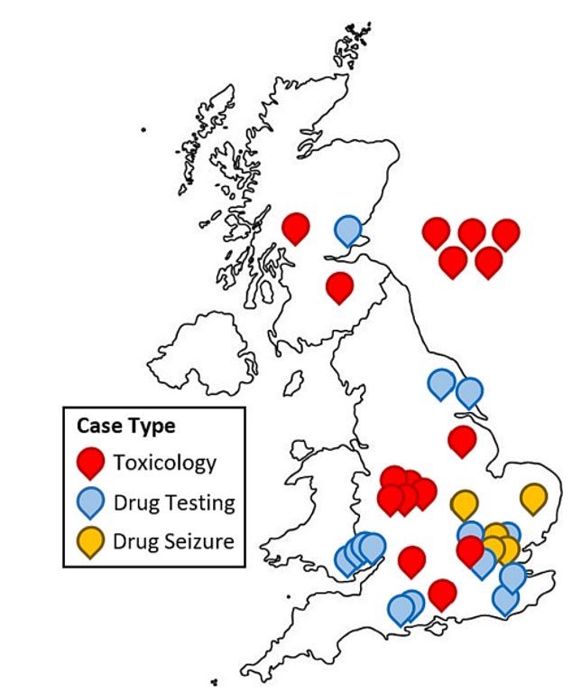 This map shows where xylazine has been detected in the UK in a combination of toxicology reports in people, as well as samples taken from drugs tested or seized by authorities. Locations are approximate to the county or city reported. Five toxicology cases where the location was completely redacted are located on the right of the map, and two cases whose location is only listed as Scotland are located randomly in the country.