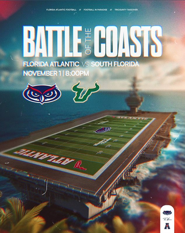In an April Fool's Day prank, Florida Atlantic announced that they would play a college football game against their South Florida rivals in the Atlantic Ocean on an aircraft carrier.