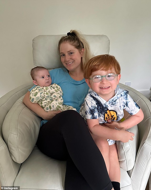 Former Australian Idol judge Meghan Trainor, 30, has revealed how her time in Australia inspired her little boy's name.  (In the photo: Meghan with her children Riley and Barry)
