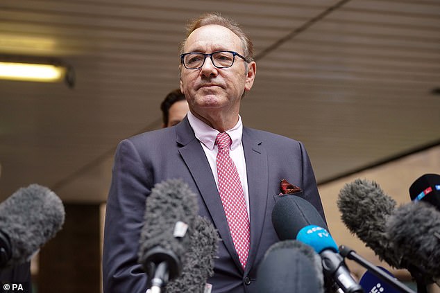 Kevin Spacey, 64, speaks to reporters outside Southwark Crown Court, London, in July 2023, after being found not guilty of sexually assaulting four men.