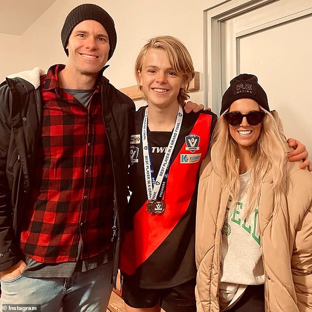 Cam Mooney and his son Jagger and his wife Seona Hill.  Jagger is a rising Aussie Rules star like his father, but he won't have to undergo skinfold testing like his famous father did.
