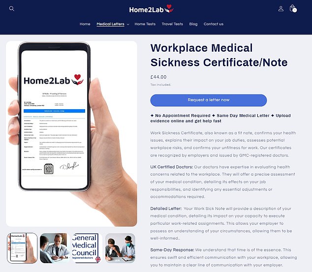 Meanwhile, Home2Lab, apparently based in North London, offers a workplace medical certificate for just £44 for a 