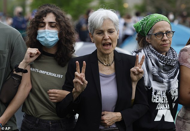 Jill Stein (center) and her campaign staff were arrested at an anti-Israel protest on the campus of Washington University in St. Louis, Missouri, on Saturday.