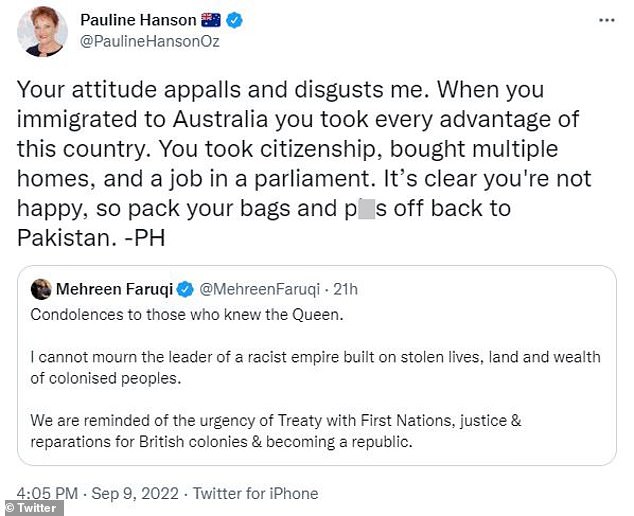 Hanson wrote: 'You gained citizenship, bought several houses and a job in a parliament.  It's clear you're not happy, so pack your bags and go to Pakistan.