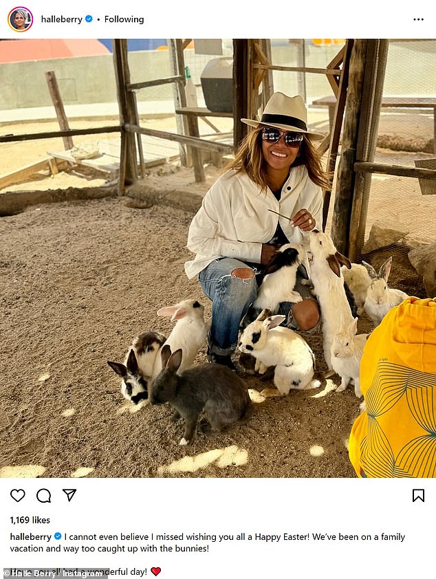 Halle Berry, 57, shared three-day-delayed Easter greetings on Wednesday, as she explained that she became engrossed while playing with some cute 'bunnies' on a 'family vacation.'