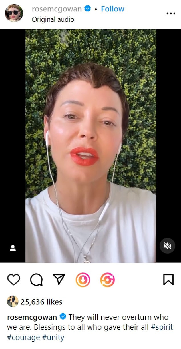 Rose McGowan, 50, offered words of encouragement to other rape survivors in a video posted to Instagram on Thursday following the news that Harvey Weinstein's 2020 sex crimes conviction had been overturned.
