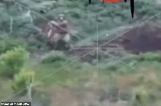 Stunning images showed the moment a Russian mercenary threw a sack of potatoes at a Ukrainian drone to save his life