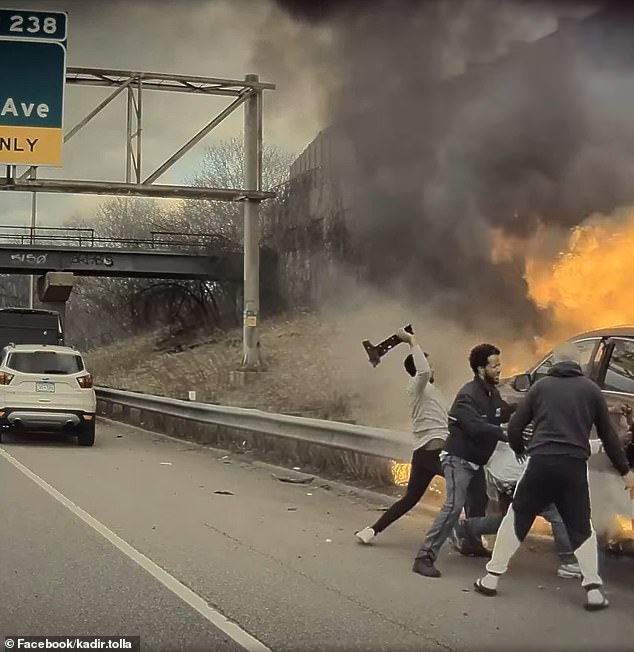 Dashboard camera video captured the moment Good Samaritans pulled a driver from his burning car on a Minnesota highway.