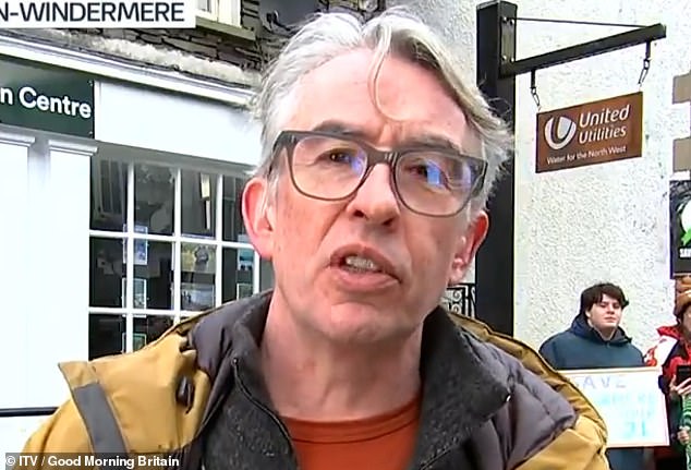 Sewage scandal: Comedian Steve Coogan (pictured), creator of Alan Partridge, joined protesters outside the United Utilities offices in the Lake District this week.