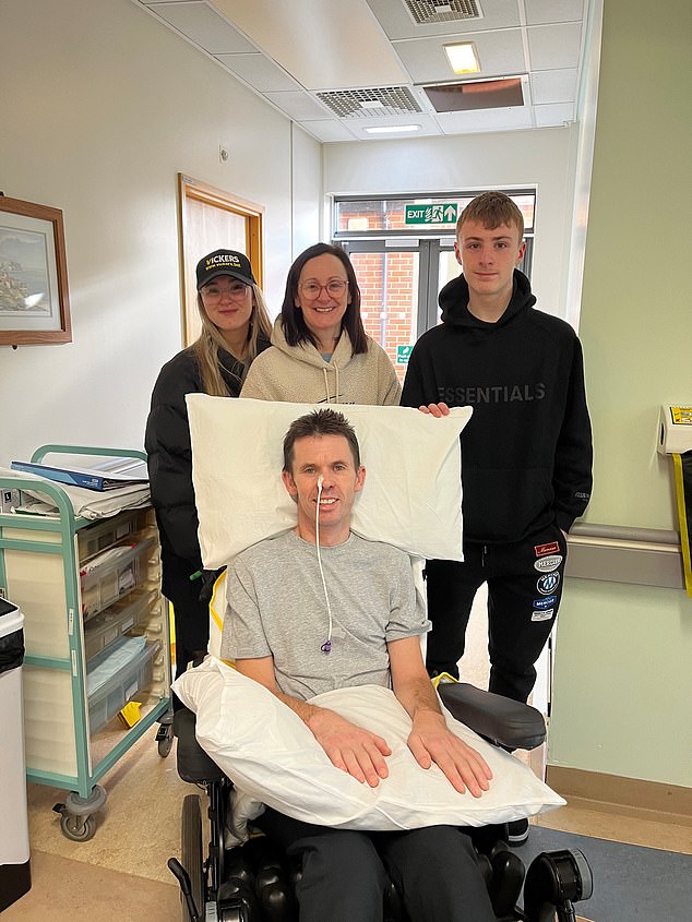 Graham Lee suffered life-changing injuries after he was knocked down in the Newcastle stalls last year (pictured with daughter Amy, wife Becky and son Robbie).