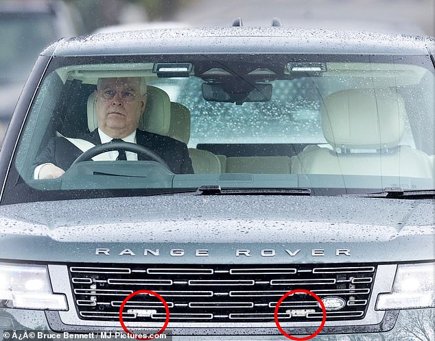 Prince Andrew is at the center of a new row over his use of a special Royal Range Rover equipped with blue emergency lights (circled) despite being stripped of his police protection.