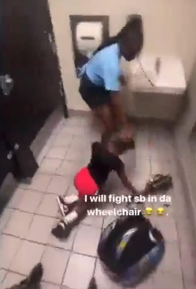 The horrifying video begins with the victim kneeling before the other girl grabs her head and pushes her to the bathroom floor.