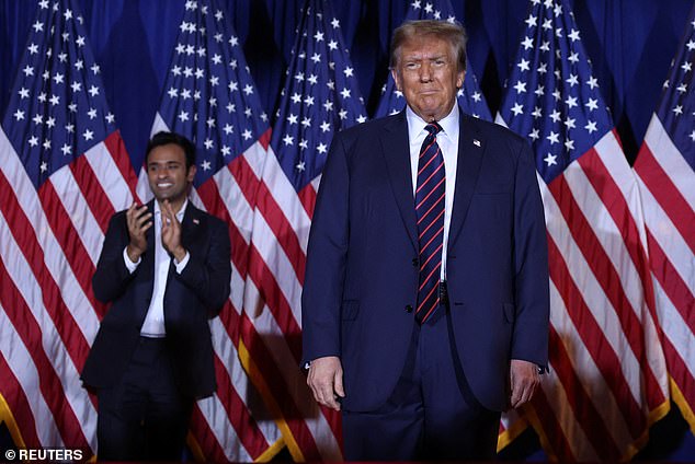 Former President Donald Trump photographed with Vivek Ramaswamy at his primary night watch party in Nashua, New Hampshire.  Ramawamy often appears as a possible vice presidential pick