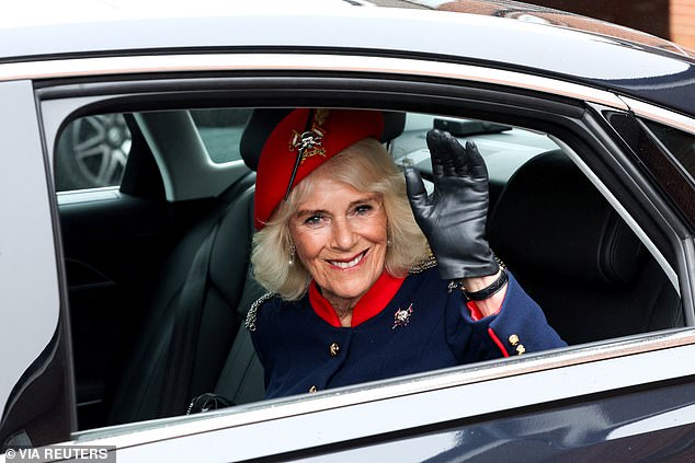 Queen Camilla wore a striking military-inspired outfit with chain mail on the shoulders as she visited The Royal Lancers in North Yorkshire for the first time since being appointed Colonel-in-Chief.